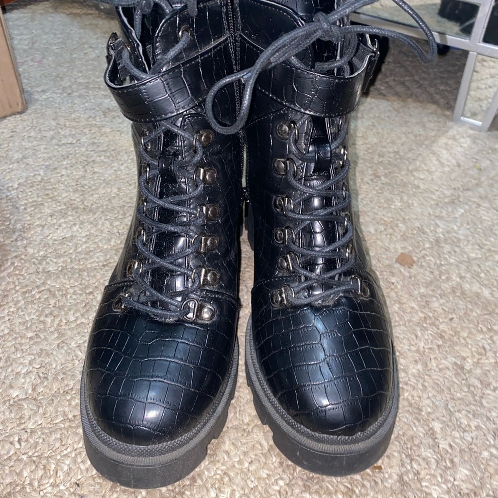 Black Croc-Embossed Lace-Up Boots with straps on top
